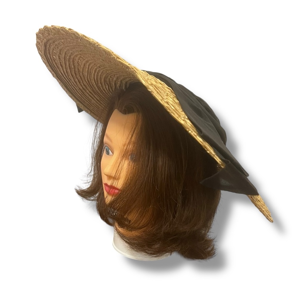 Vintage Doris Designed Famous-Barr Wide Brim Percher Straw Hat w/ Black Bow